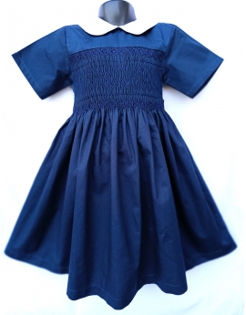 Robe smocks manches courtes en coton piqué bleu marine