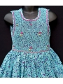 Robe smocks sans manches en coton turquoise imprimé