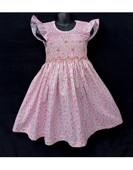 Robe smocks manches volantes en coton liberty rose