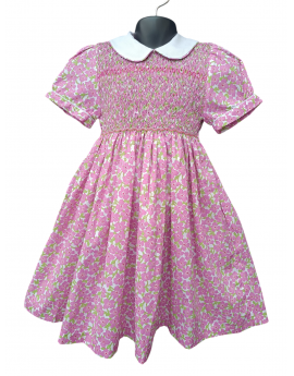 Robe smocks col blanc en coton imprimé fleur rose