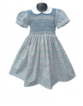 Robe smocks manches ballons en coton imprimé bleu multicolore