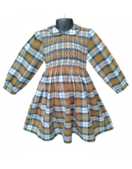 Robe smocks manches longues carreaux écossais fleur orange
