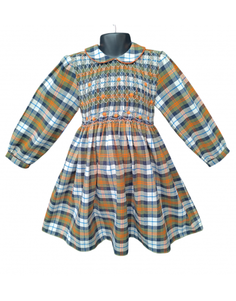 Robe smocks manches longues carreaux écossais fleur orange