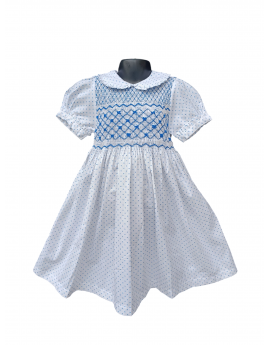 Robe smocks sans manches en coton blanc à pois bleu