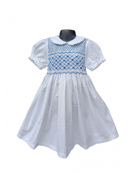 Robe smocks sans manches en coton blanc à pois bleu