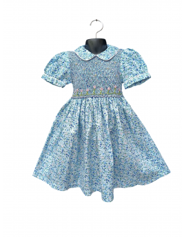 Robe smocks sans manches en coton bleu turquoise clair
