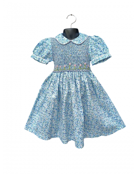 Robe smocks sans manches en coton bleu turquoise clair