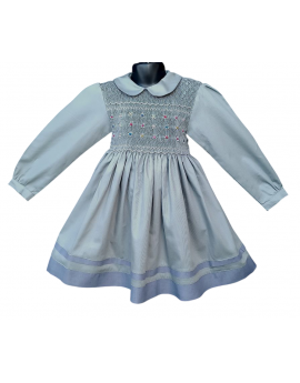 Robe smocks manches longues col Pierrot en coton piqué gris