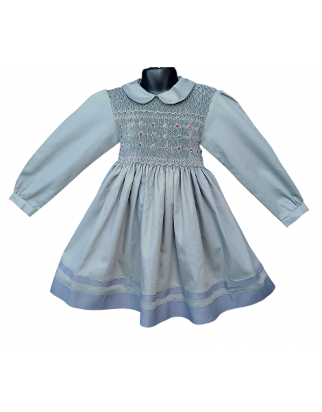Robe smocks manches longues col Pierrot en coton piqué gris