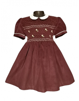 Robe smocks manches ballons en velours bordeaux