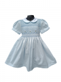 Robe smocks manches ballons en coton piqué bleu ciel