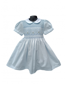 Robe smocks manches ballons en coton piqué bleu ciel