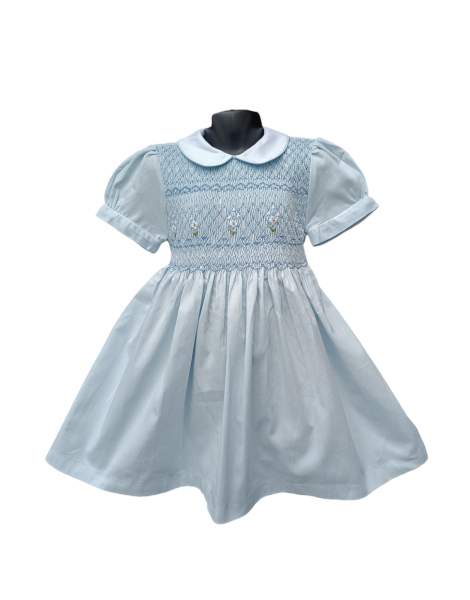 Robe smocks manches ballons en coton piqué bleu ciel