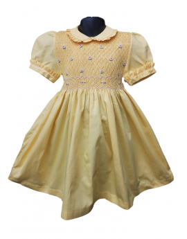 Robe smocks manches ballons col Claudine en coton piqué jaune