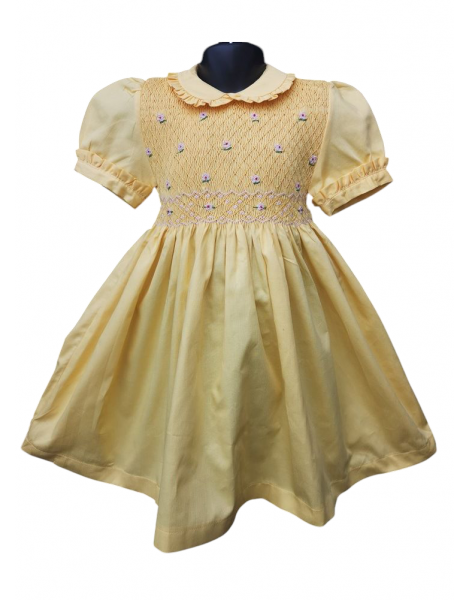 Robe smocks manches ballons col Claudine en coton piqué jaune