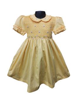 Robe smocks manches ballons col Claudine en coton piqué jaune