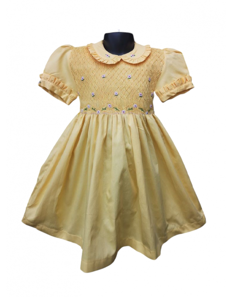 Robe smocks manches ballons col Claudine en coton piqué jaune