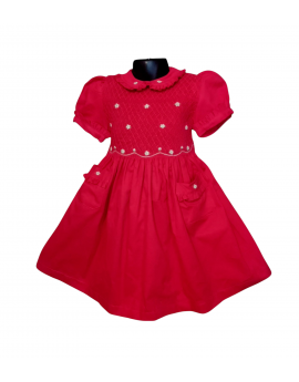 Robe smocks manches ballons col brodé en coton piqué rouge