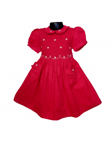 Robe smocks manches ballons col brodé en coton piqué rouge