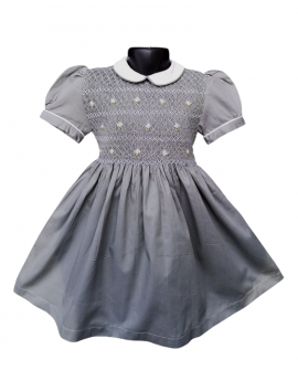 Robe smocks manches ballons en coton piqué gris