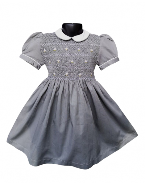 Robe smocks manches ballons en coton piqué gris