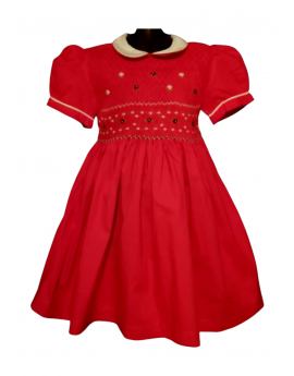 Robe smocks manches ballons col Claudine en coton rouge