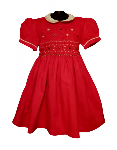 Robe smocks manches ballons col Claudine en coton rouge
