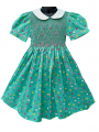 Robe smocks manches ballons en coton turquoise fleur multicolore