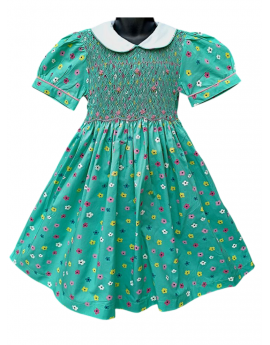 Robe smocks manches ballons en coton turquoise fleur multicolore