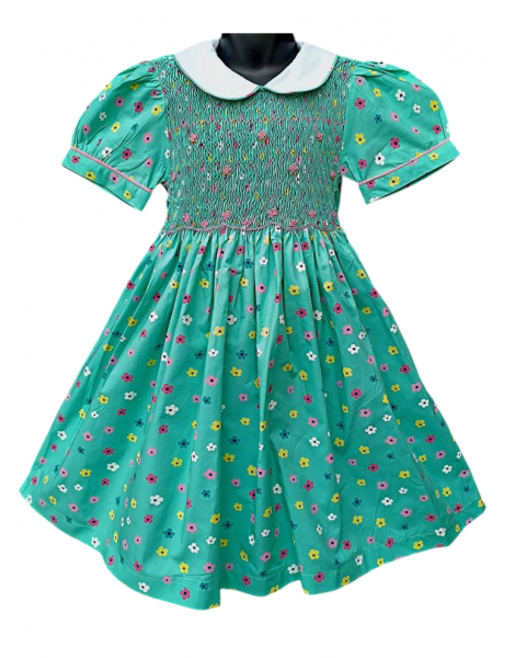 Robe smocks manches ballons en coton turquoise fleur multicolore