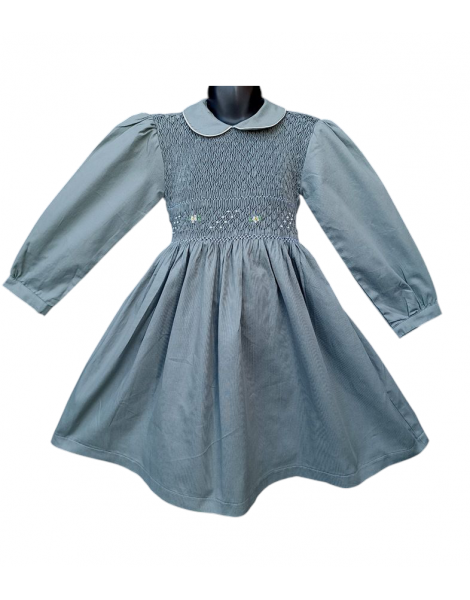 Robe smocks manches longues en coton piqué gris