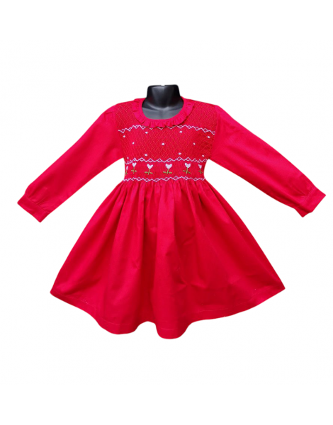 Robe smocks manches longues col Pierrot en coton piqué rouge