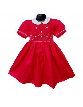 Robe smocks manches ballons col Claudine en coton piqué rouge
