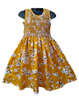 Robe smocks sans manches en coton jaune moutarde imprimé