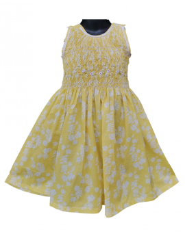 Robe smocks sans manches en coton jaune imprimé