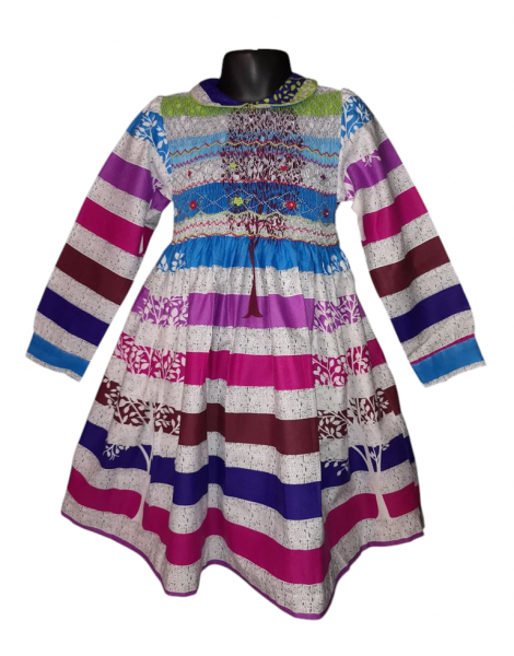 Robe smocks en coton rayures multicolore manches longues
