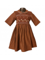 Robe smocks manches 3/4 col Claudine en coton marron