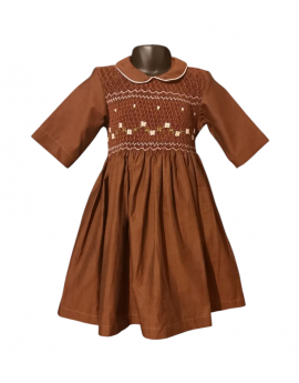 Robe smocks manches 3/4 col Claudine en coton marron