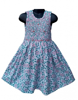 Robe smocks sans manches en coton fleuri vert rose