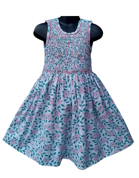 Robe smocks sans manches en coton fleuri vert rose