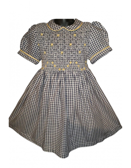 Robe smocks manches ballons en coton finette vichy bleu marine
