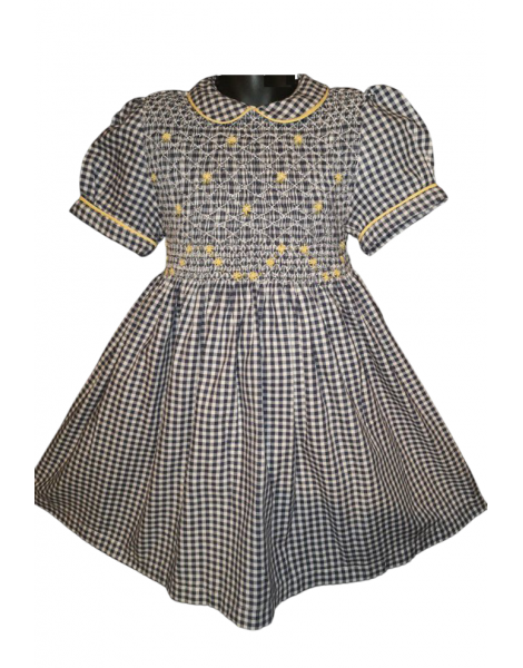 Robe smocks manches ballons en coton finette vichy bleu marine