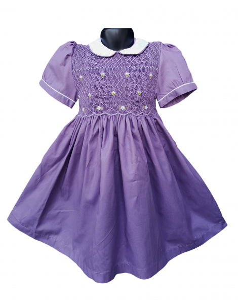 Robe smocks manches ballons  en coton piqué violet