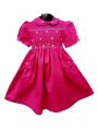 Robe smocks manches ballons col brodé en coton piqué fuchsia