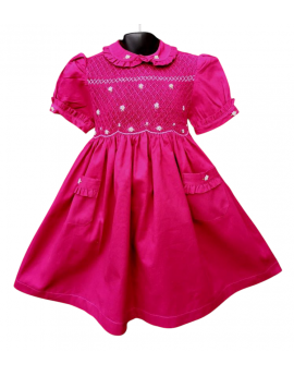 Robe smocks manches ballons col brodé en coton piqué fuchsia