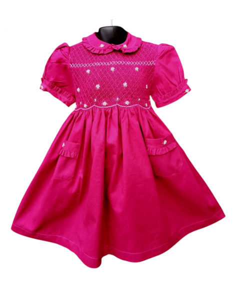 Robe smocks manches ballons col brodé en coton piqué fuchsia