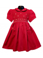 Robe smocks manches ballons col brodé en coton piqué rouge foncé