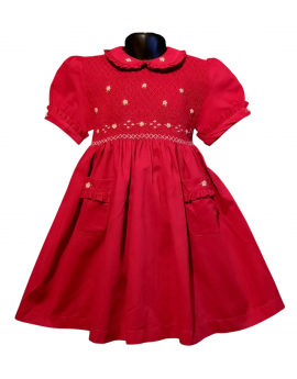 Robe smocks manches ballons col brodé en coton piqué rouge foncé
