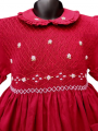 Robe smocks manches ballons col brodé en coton piqué rouge foncé