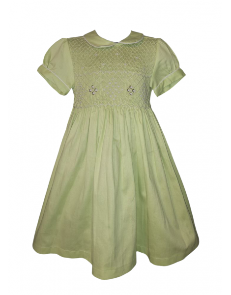 Robe smocks manches ballons en coton piqué vert anis